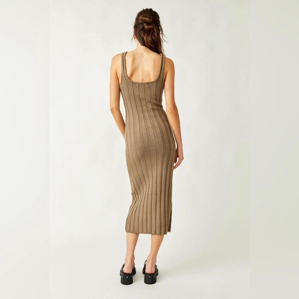 Free People Santons Stone Midi Sweater Dress Neutral Brown NEW Large - Picture 4 of 9